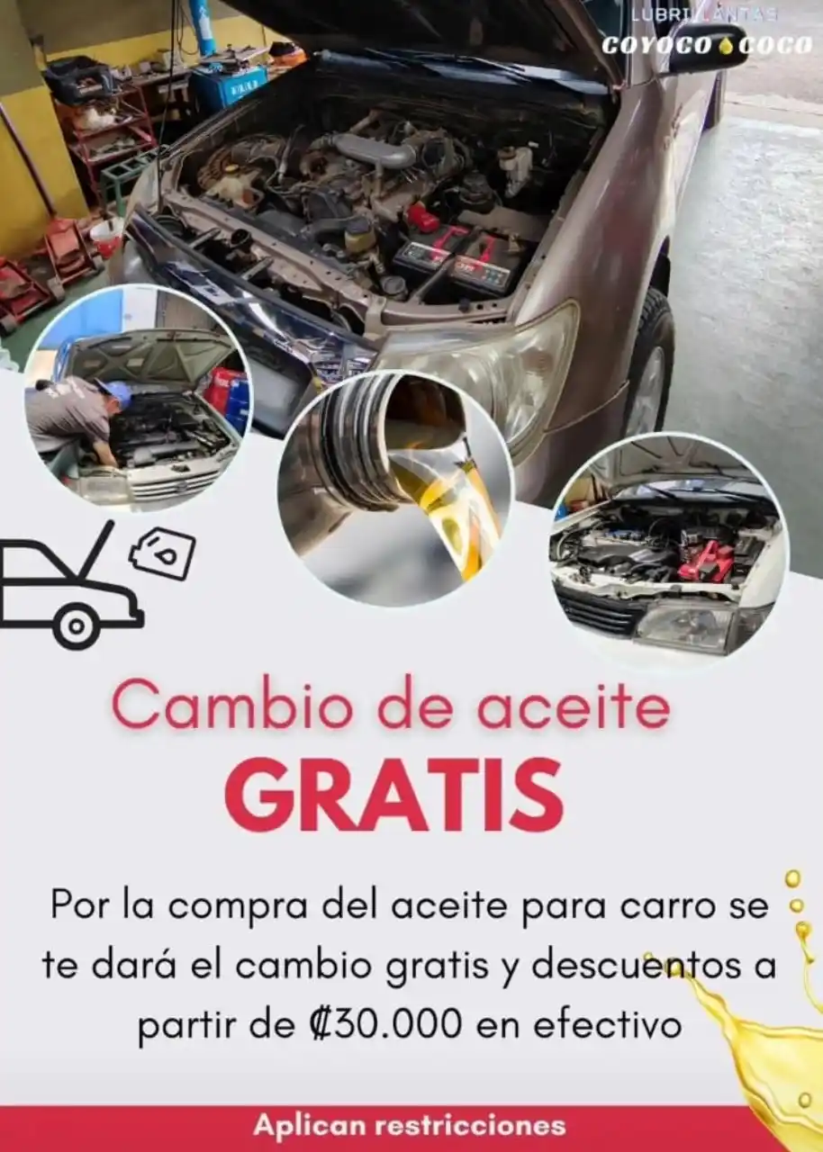 En la imagen hay un litro de aceite para carro 
                        que incluye el cambia de aceite gratis, y adicionalmente, 
                        un descuento a partir de los 30000 colonse