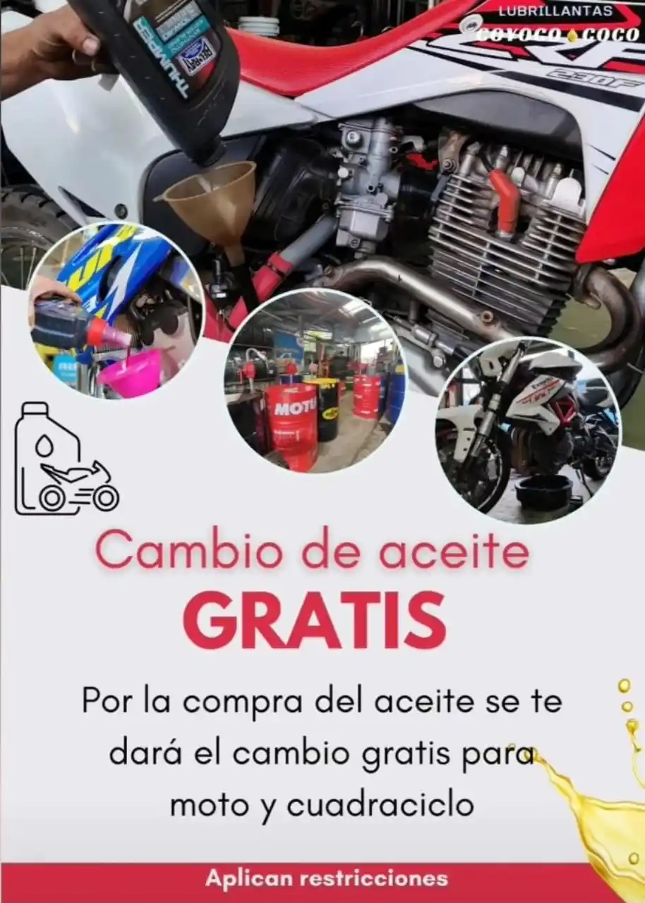 En la imagen hay un litro de aceite de moto o cuadra 
                        que incluye el cambia de aceite gratis
